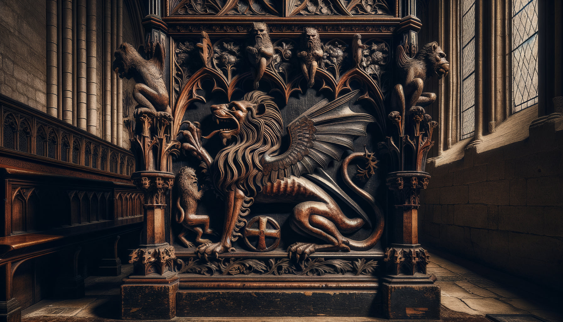 Miséricorde gothique médiévale sculptée: lion christique, singe satirique et dragon sur bois de chêne patiné