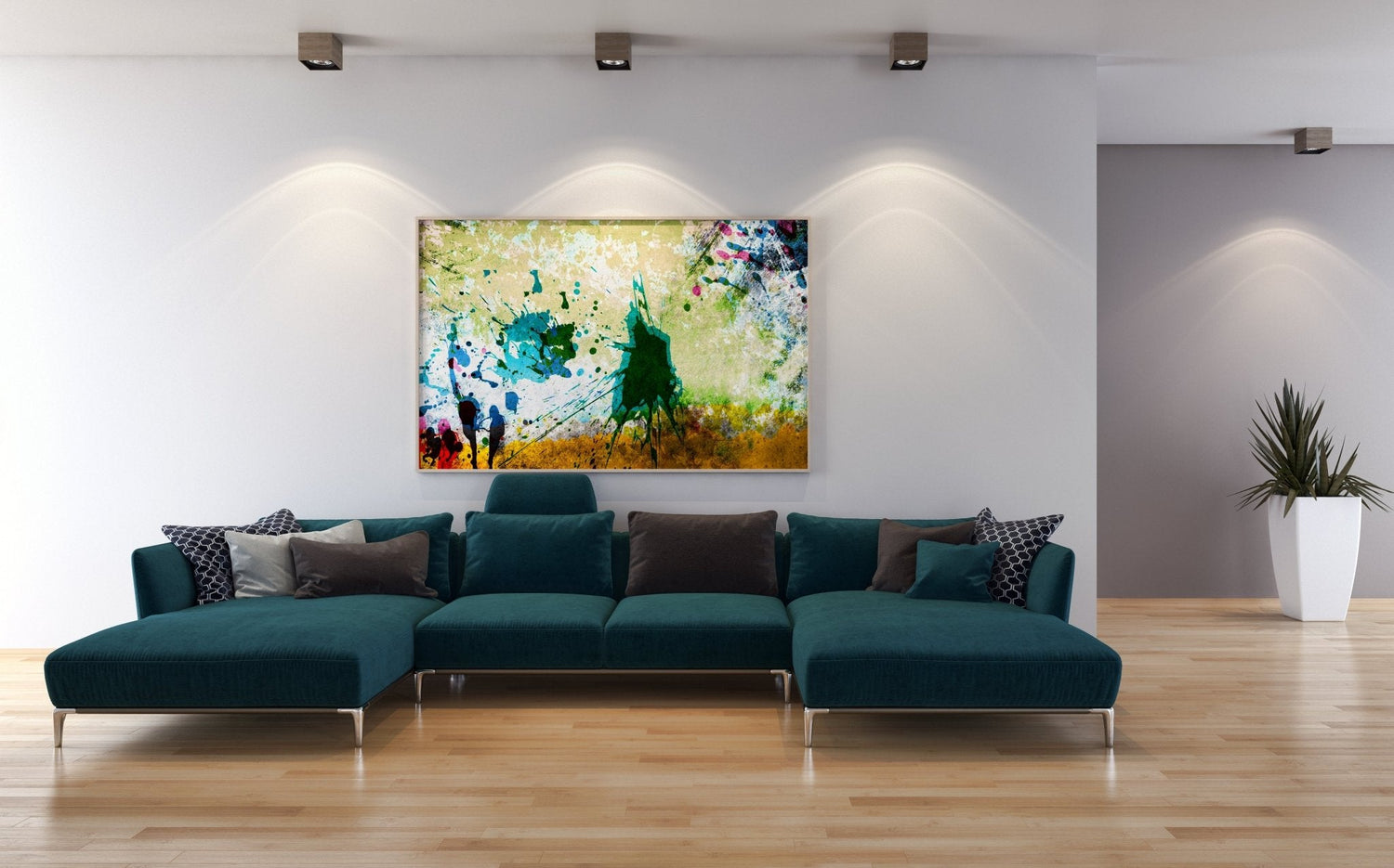 Canapé moderne en velours vert avec tableau coloré sur un mur et décoration intérieure contemporaine