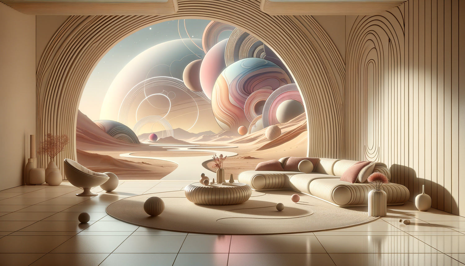 Espace intérieur contemporain inspiré de l'esthétique Moebius mêlant désert et cosmos, palette pastel douce avec mobilier organique et éléments contemplatifs