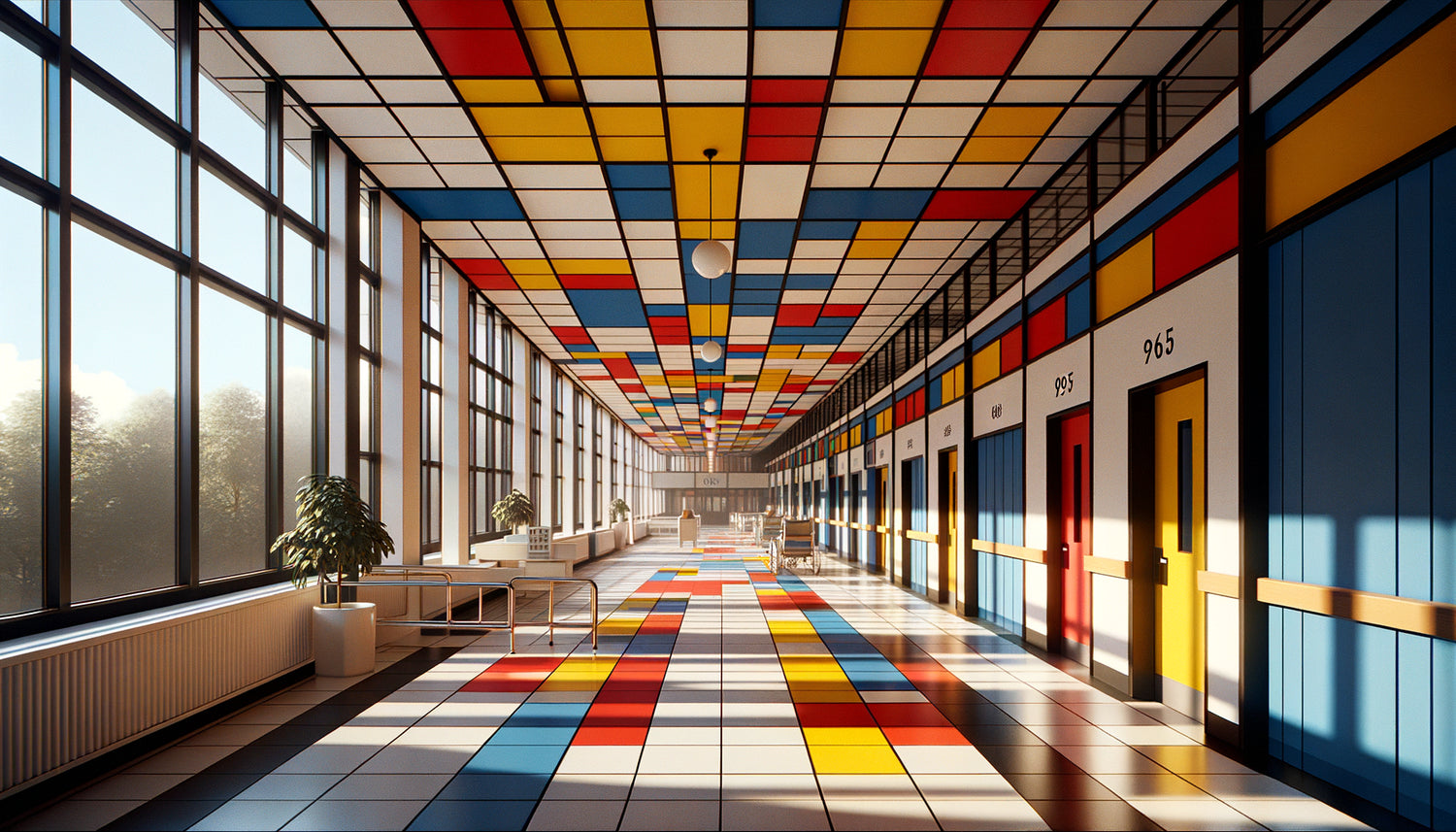 Intérieur d'hôpital moderniste années 1960 avec panneaux géométriques rouge jaune bleu inspirés de Piet Mondrian
