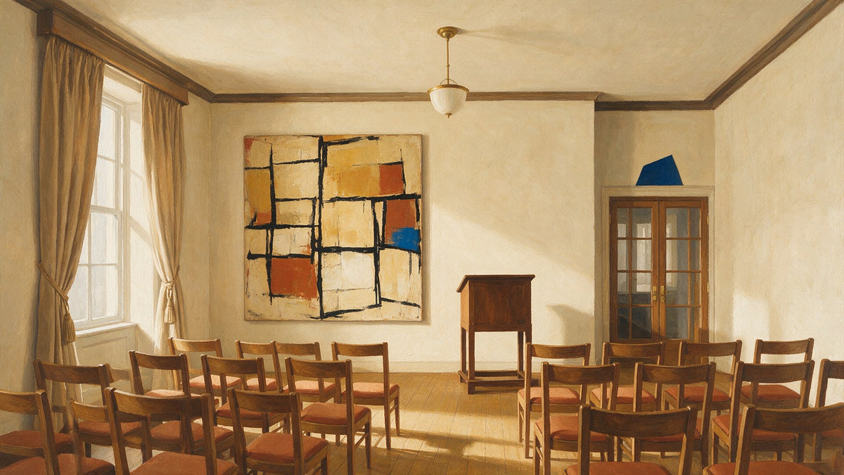 Une salle de vente aux enchères vide, avec un grand tableau abstrait géométrique accroché au mur face à des rangées de chaises
