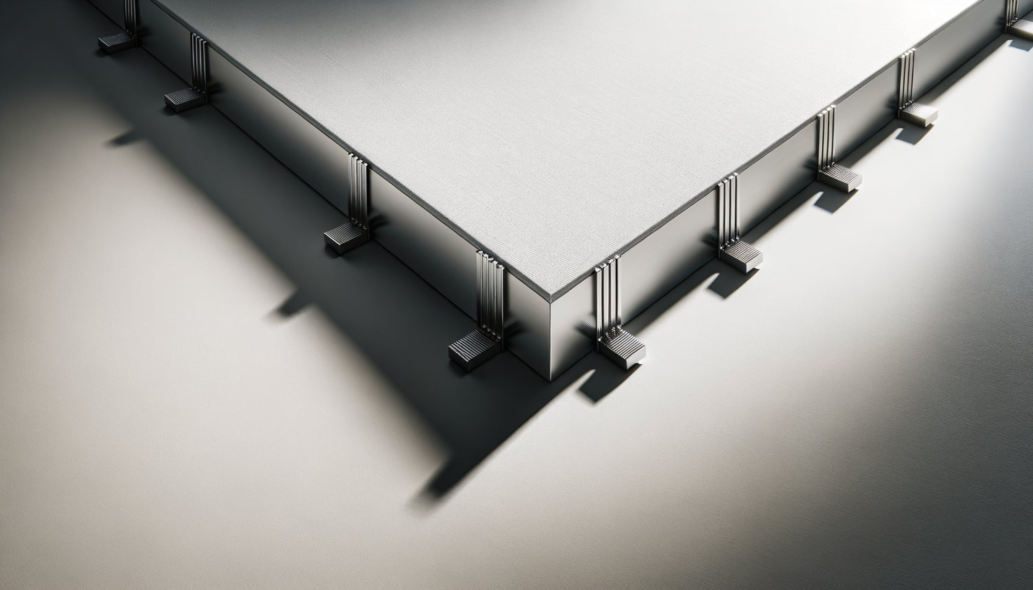 Vue latérale d'un tableau suspendu avec entretoises créant un effet flottant moderne sur mur blanc