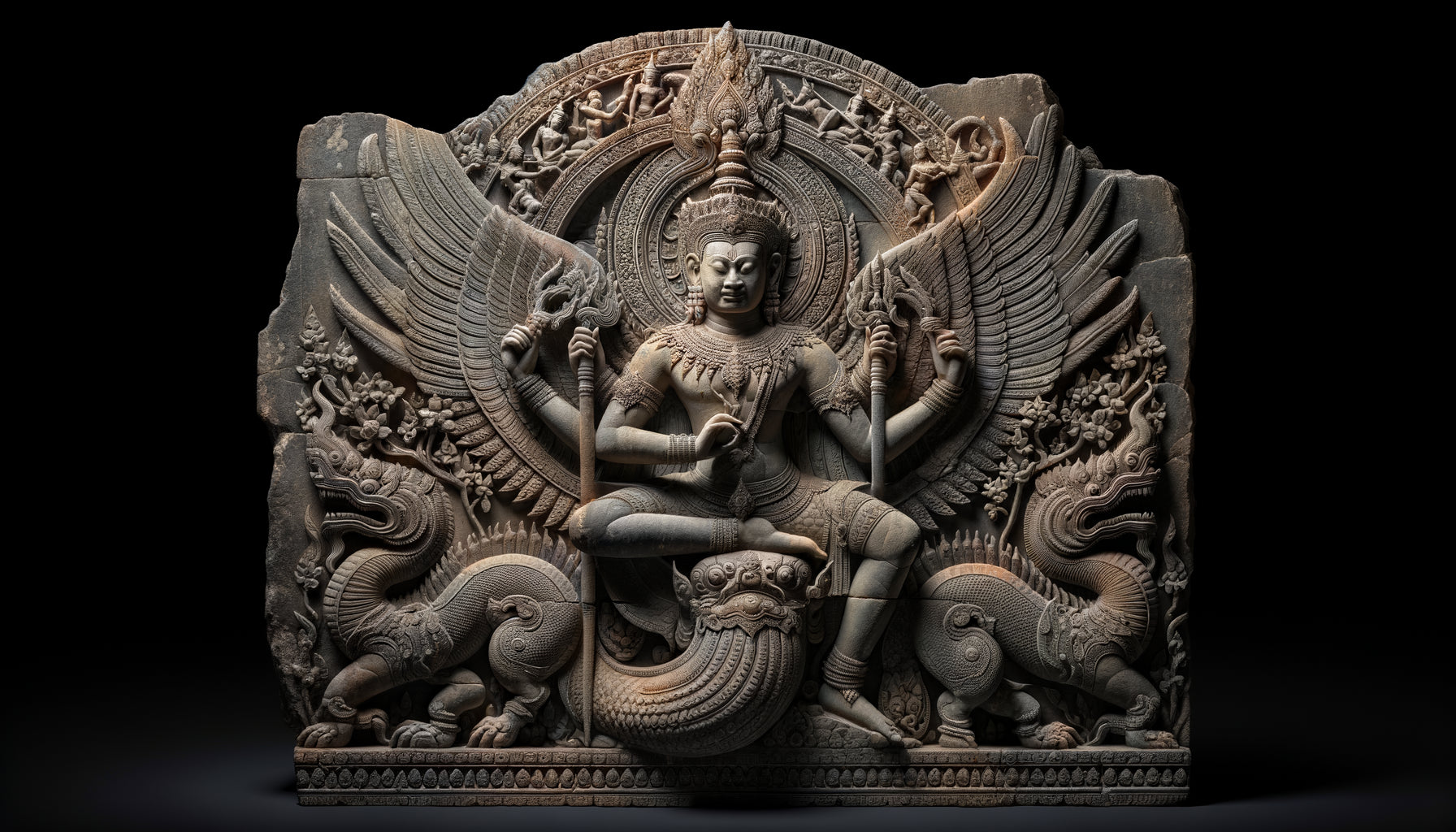 Relief en grès khmer ancien représentant les montures divines Garuda, Airavata, Nandi et nagas, style sculptural d'Angkor classique