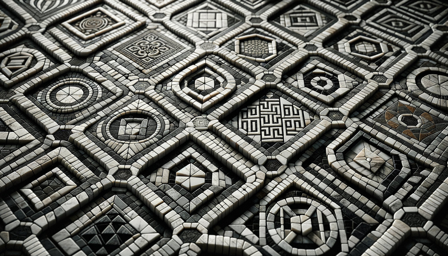 Détail de mosaïque byzantine géométrique en noir et blanc de Ravenne, 6e siècle, motifs codifiés