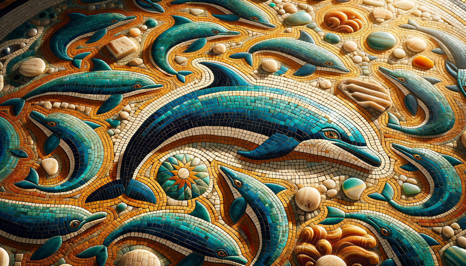 Gros plan d'une mosaïque romaine antique montrant des tesselles inclinées créant des reflets lumineux changeants sur un motif marin