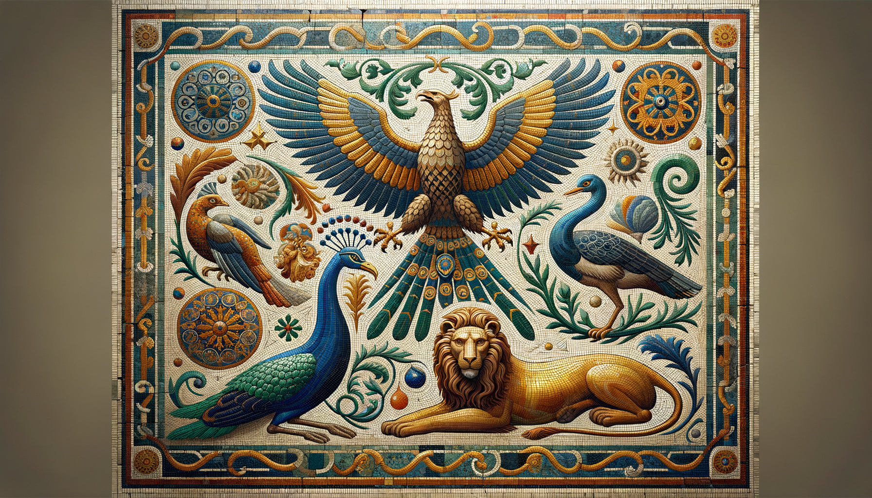 Mosaïque byzantine du Grand Palais de Constantinople montrant aigles, paons et lions symboliques, VIe siècle