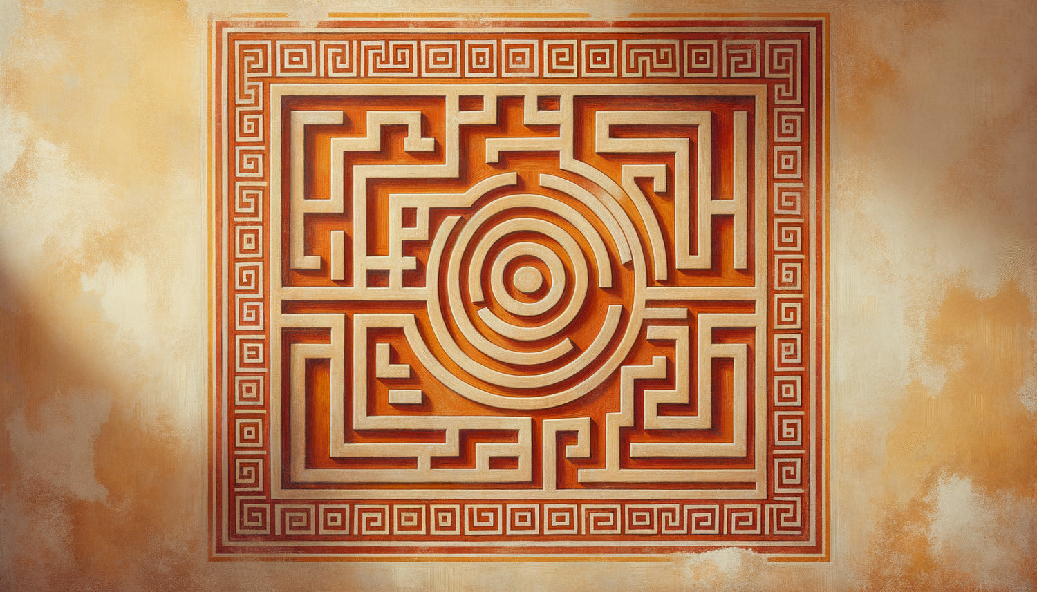 Fresque antique grecque avec motif méandre géométrique ocre rouge sur mur méditerranéen, VIIIe siècle avant J.-C.