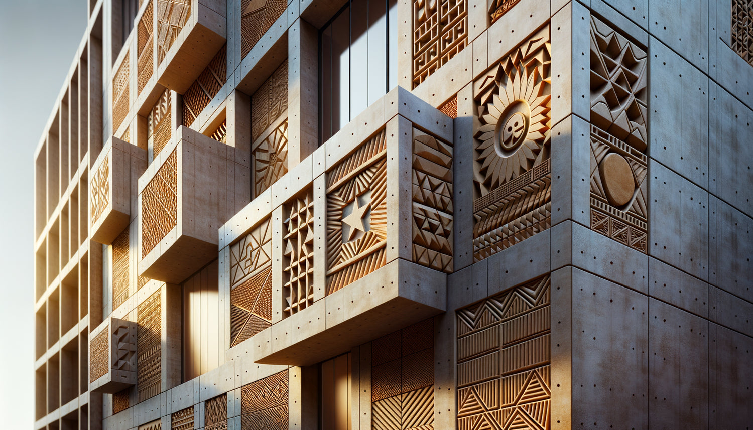 Façade de bâtiment contemporain ornée de motifs Adinkra traditionnels du Ghana intégrés dans l'architecture moderne