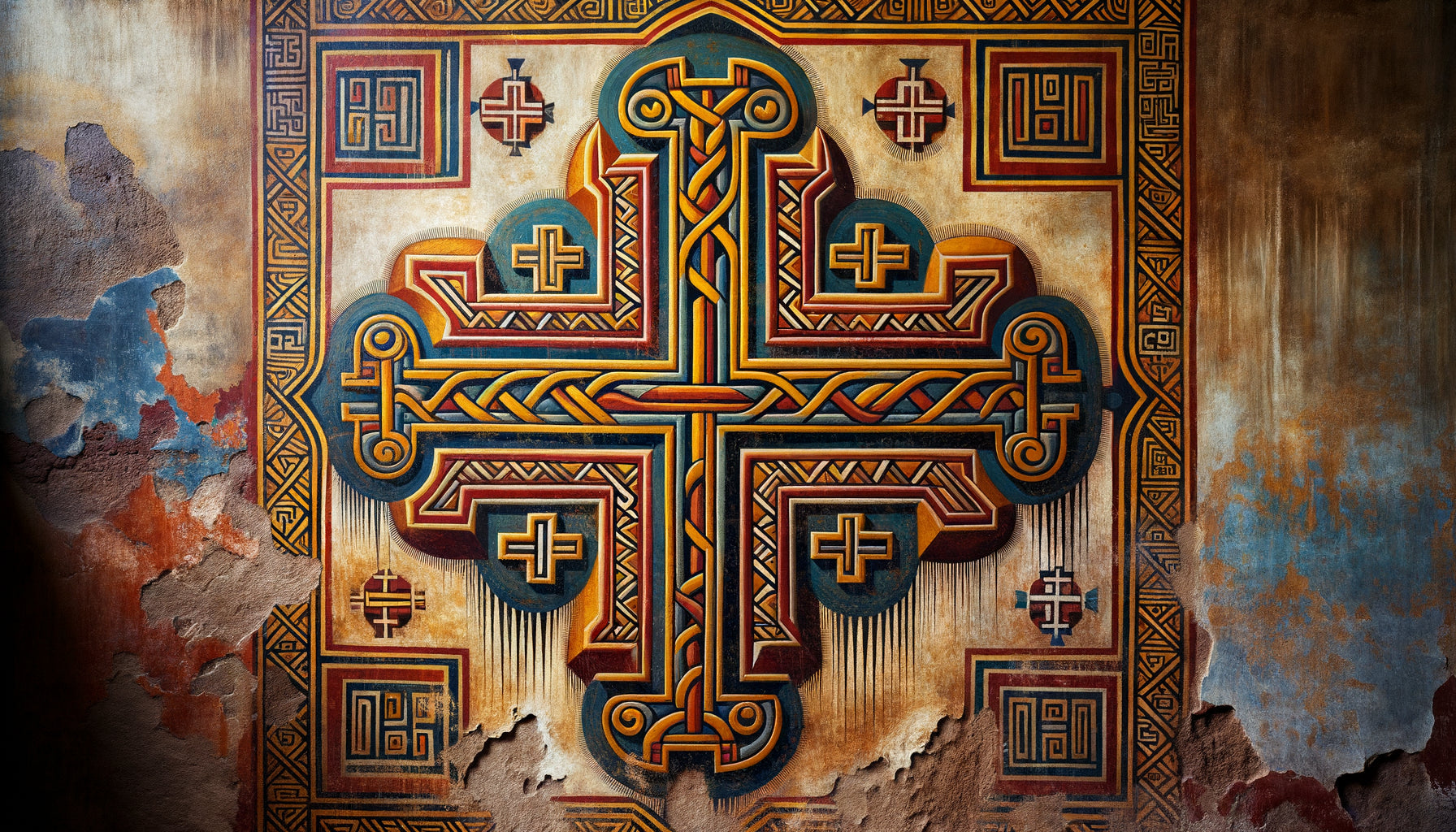 Fresque murale chrétienne éthiopienne ancienne avec motifs cruciformes géométriques complexes aux couleurs vives traditionnelles