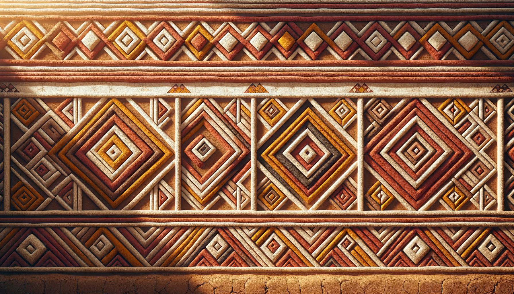 Mur sénégalais traditionnel orné de motifs losanges géométriques inspirés des traditions ancestrales du tissage africain