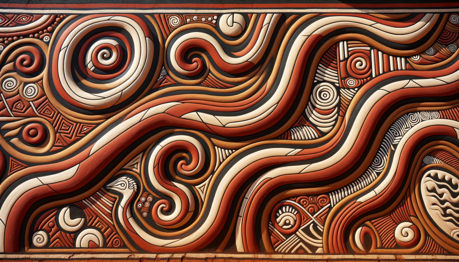 Art mural traditionnel du bassin du Congo avec motifs serpentiformes ondulants en pigments ocre et blanc sur mur d'argile