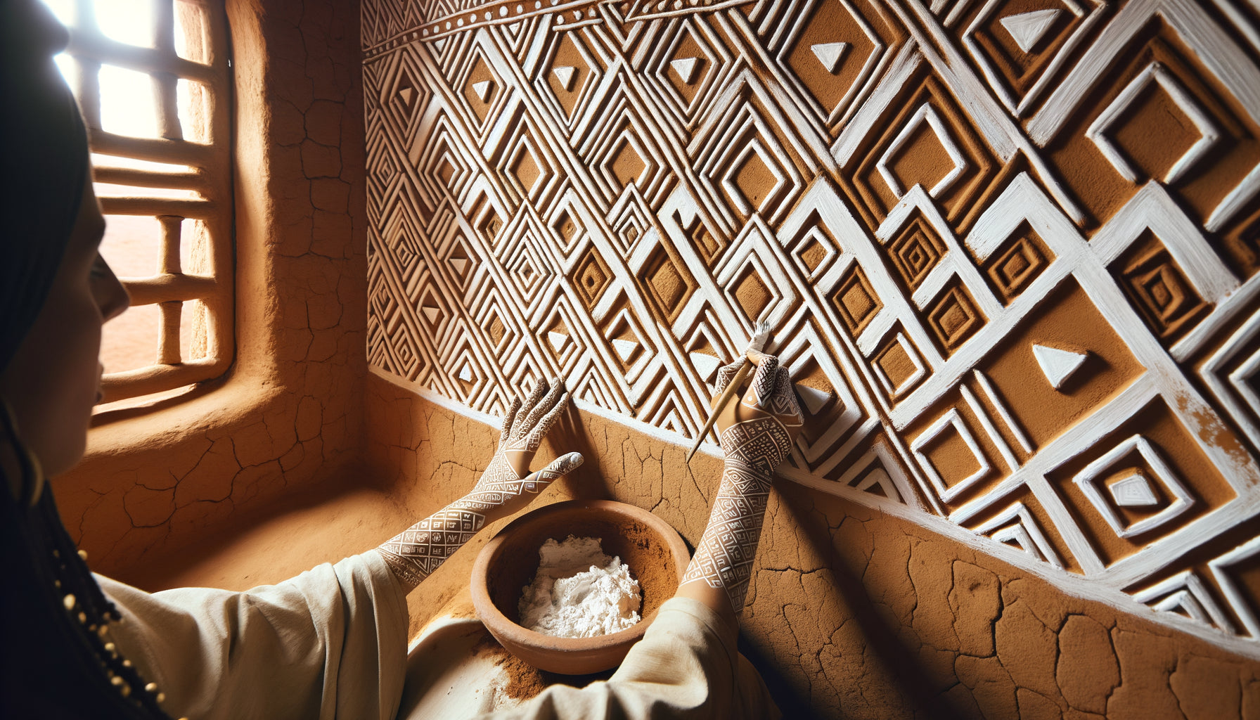 Mains de femme berbère peignant des motifs triangulaires inversés sacrés sur mur traditionnel en terre ocre