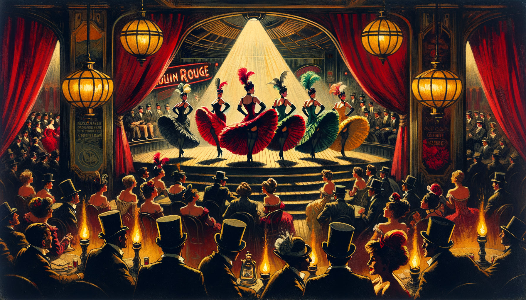 Scène de cabaret Moulin Rouge dans le style pictural post-impressionniste de Toulouse-Lautrec, palette audacieuse, composition asymétrique, Belle Époque parisienne 1890
