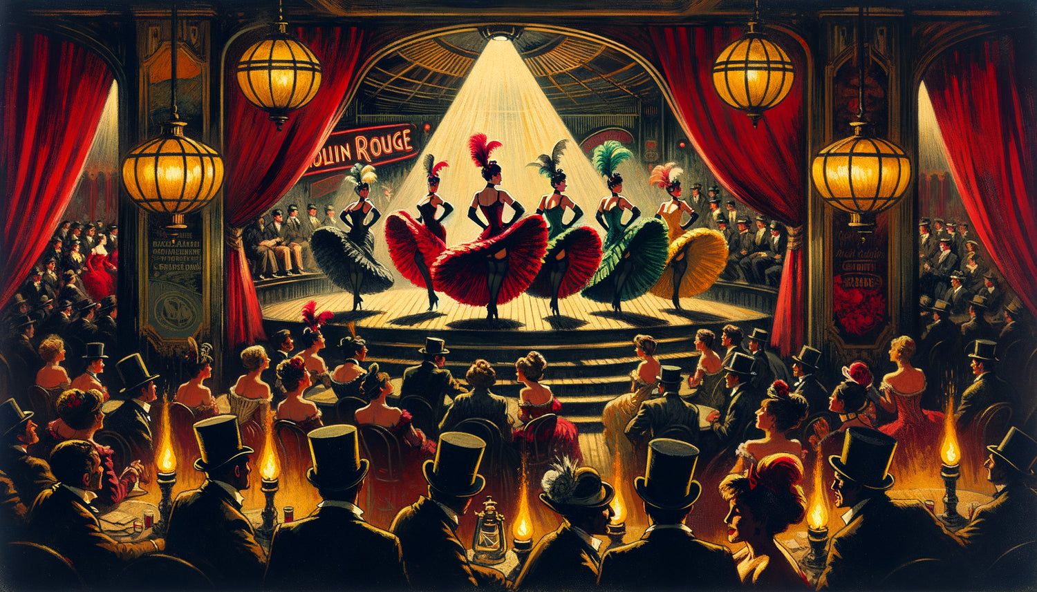 Scène de cabaret Moulin Rouge dans le style pictural post-impressionniste de Toulouse-Lautrec, palette audacieuse, composition asymétrique, Belle Époque parisienne 1890