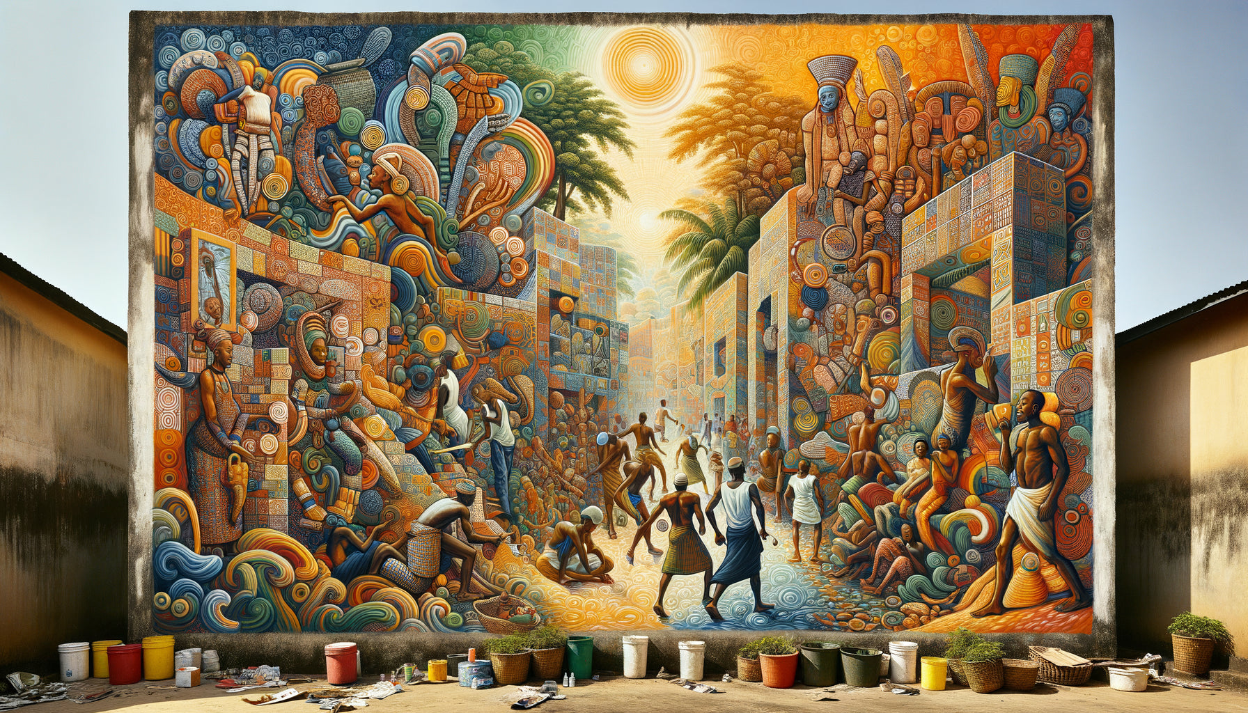 Fresque murale dans le style du mouvement artistique d'Oshogbo des années 60, fusion de mythologie yoruba et scènes quotidiennes nigérianes aux couleurs vibrantes