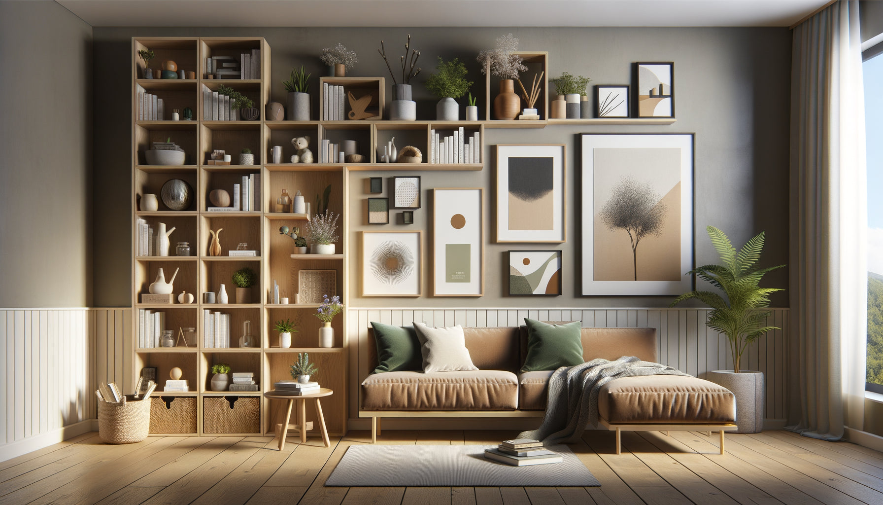 Mur galerie contemporain harmonieusement composé avec étagères à gauche et cadres alignés à droite dans palette cohérente