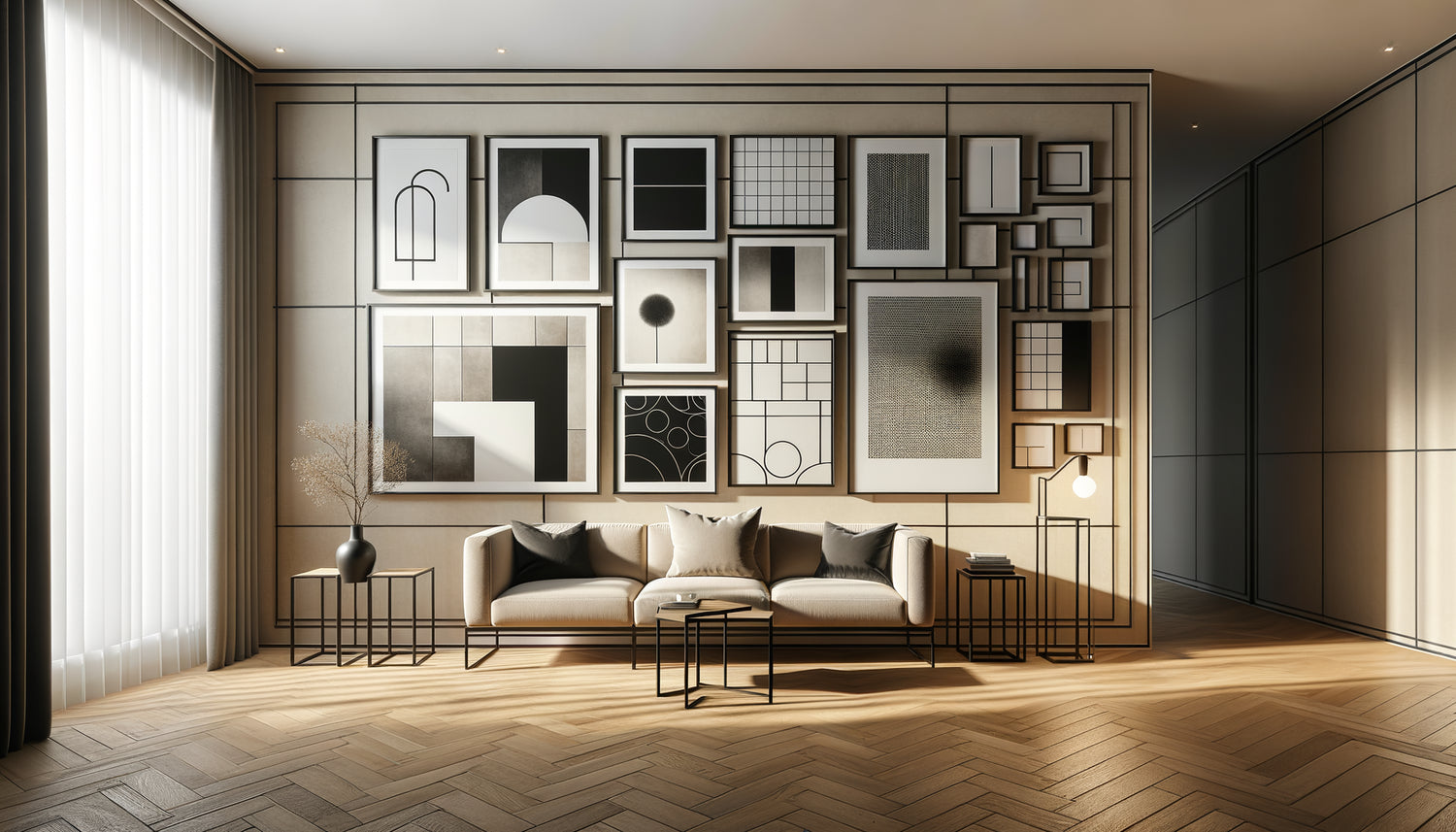 Mur galerie sophistiqué contemporain avec cadres noirs unifiés, espacement régulier et composition équilibrée sans effet fouillis