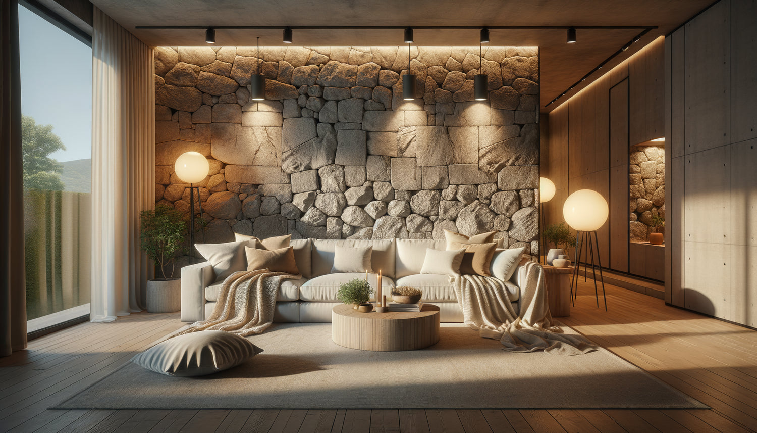 Salon Airbnb contemporain avec mur en pierre naturelle mis en valeur par éclairage chaleureux et mobilier moderne