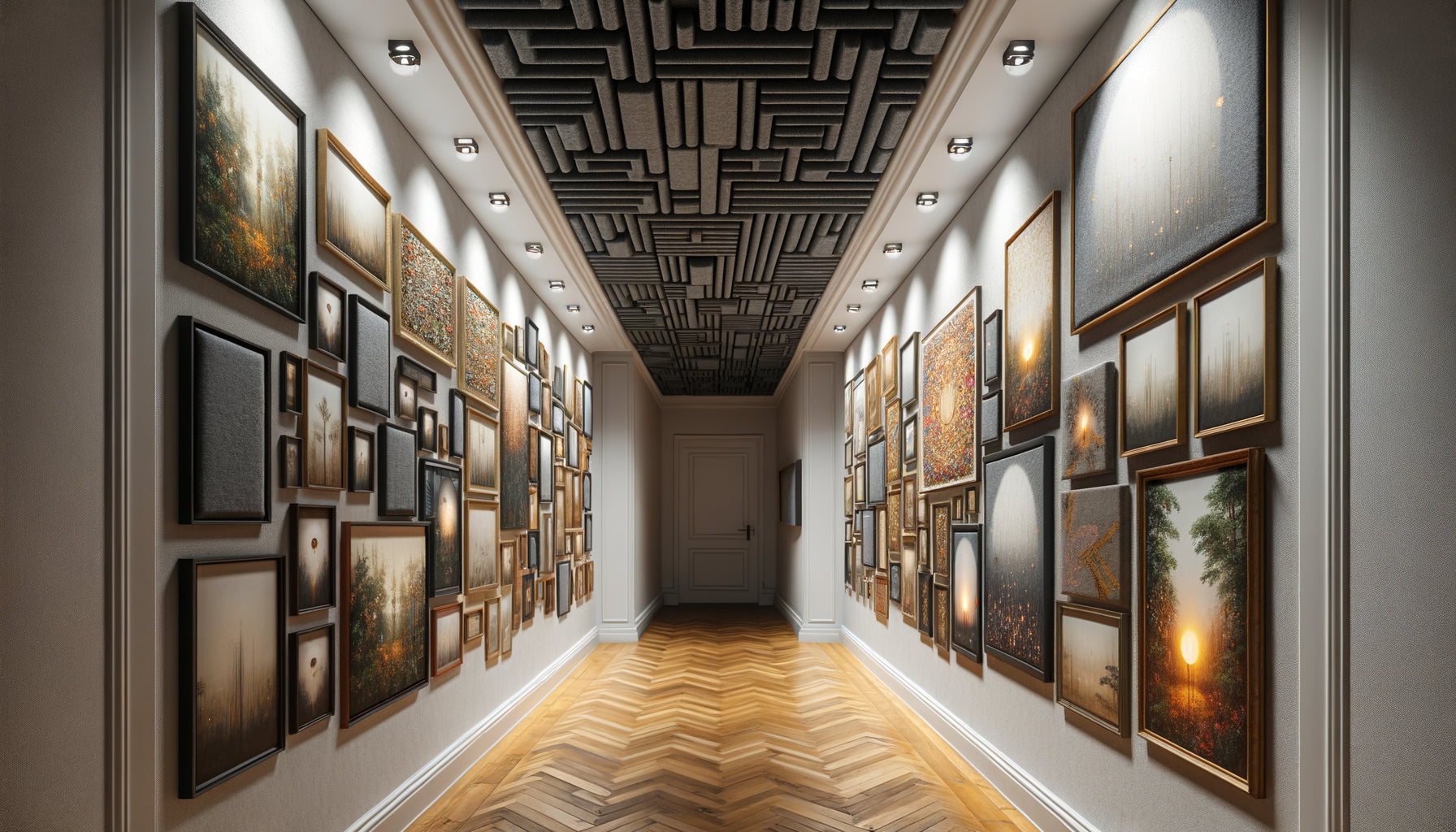Couloir résidentiel avec mur de tableaux décoratifs absorbant la réverbération sonore, aménagement galerie contemporaine