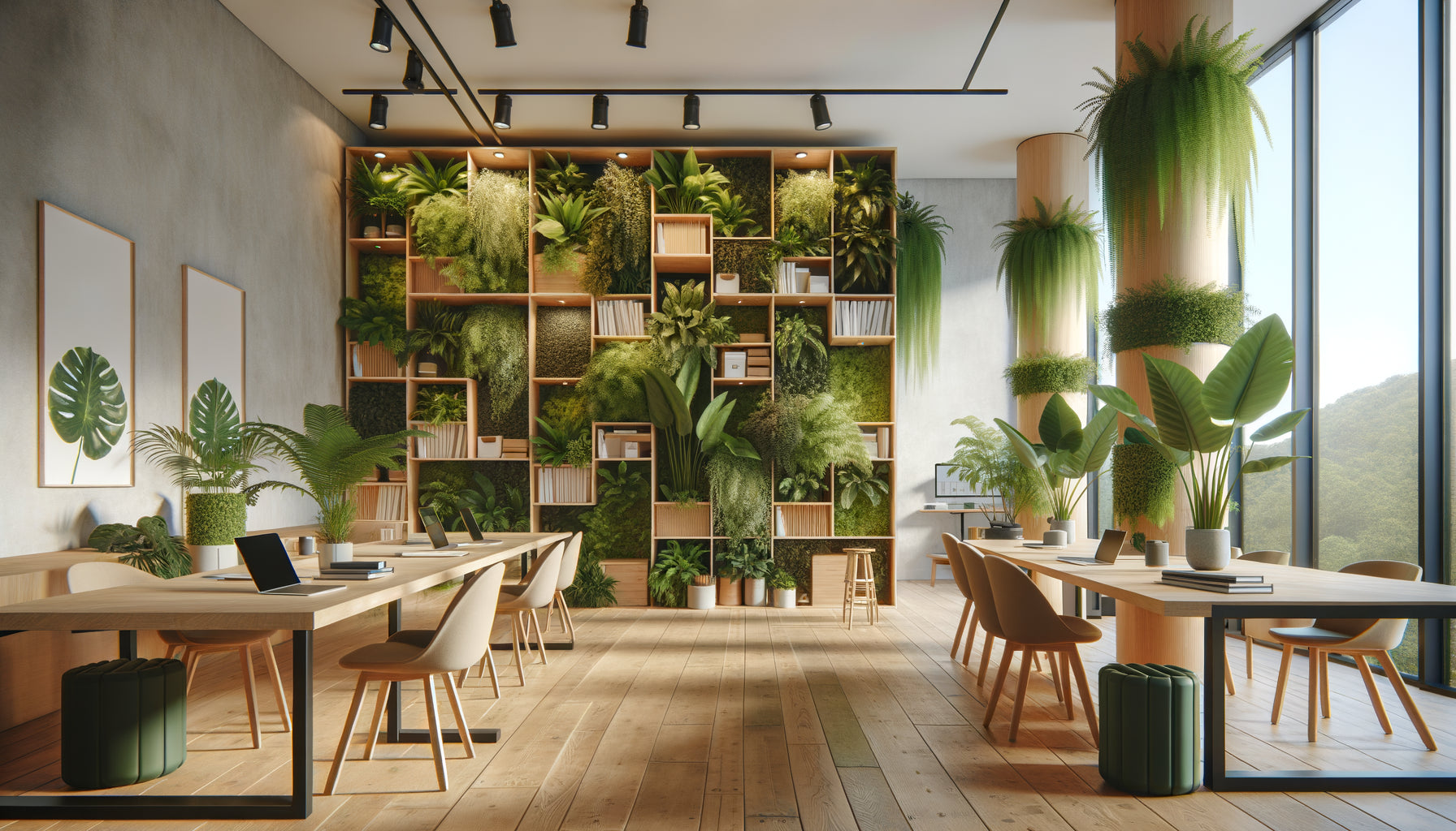 Mur végétal vivant dans un espace de coworking moderne avec plantes naturelles et postes de travail contemporains