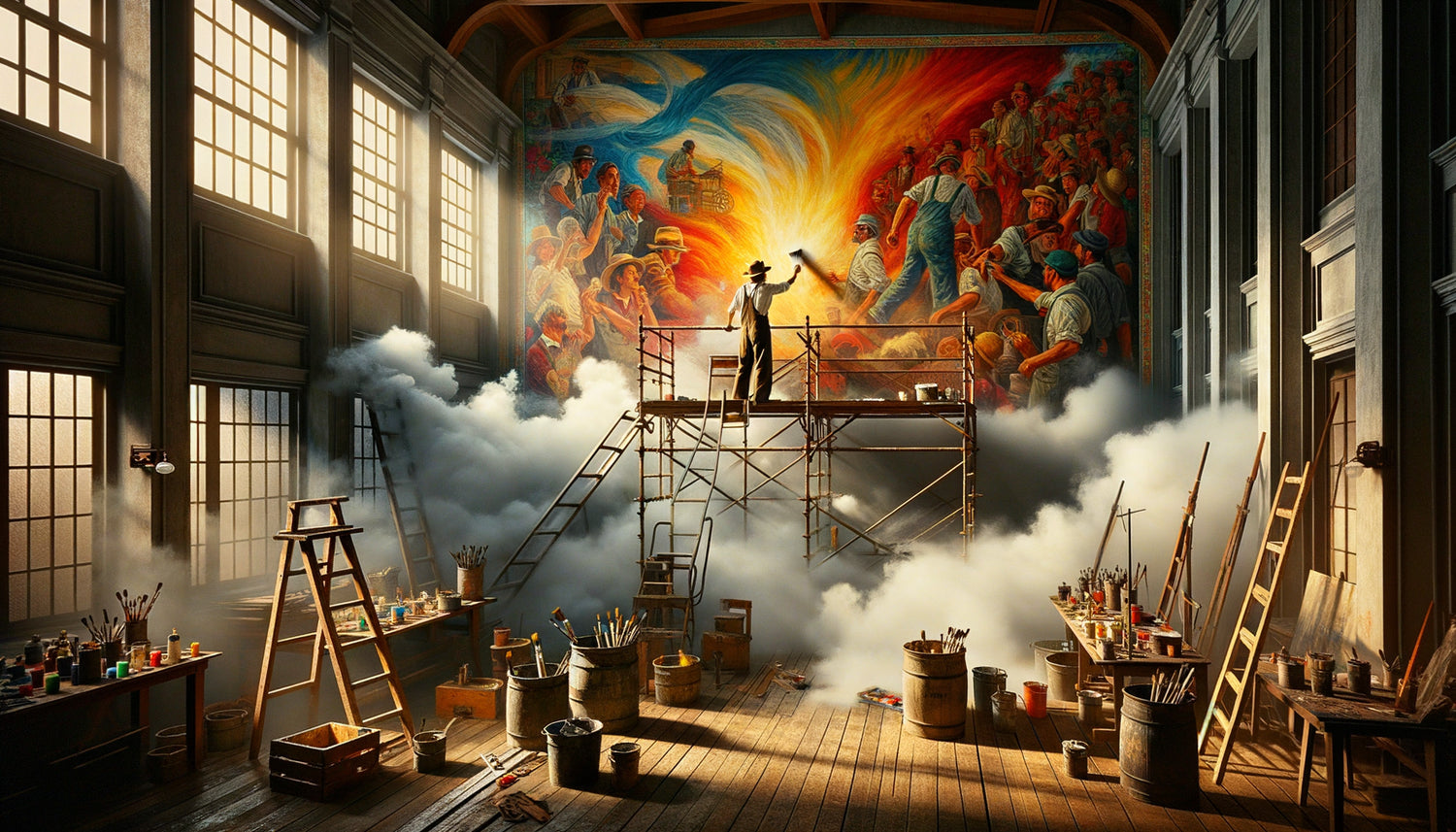 Atelier de muraliste années 1930 avec vapeurs de térébenthine et fresque aux couleurs vibrantes en cours de création