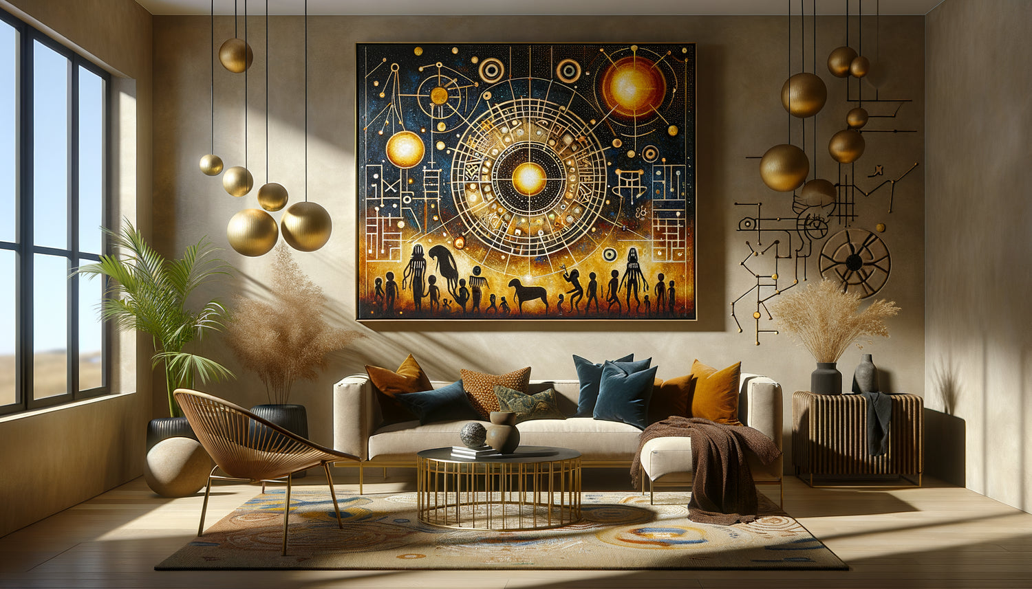 Œuvre d'art contemporain représentant les mythologies stellaires africaines avec des motifs cosmologiques Dogon et des symboles célestes, exposée dans un intérieur moderne élégant