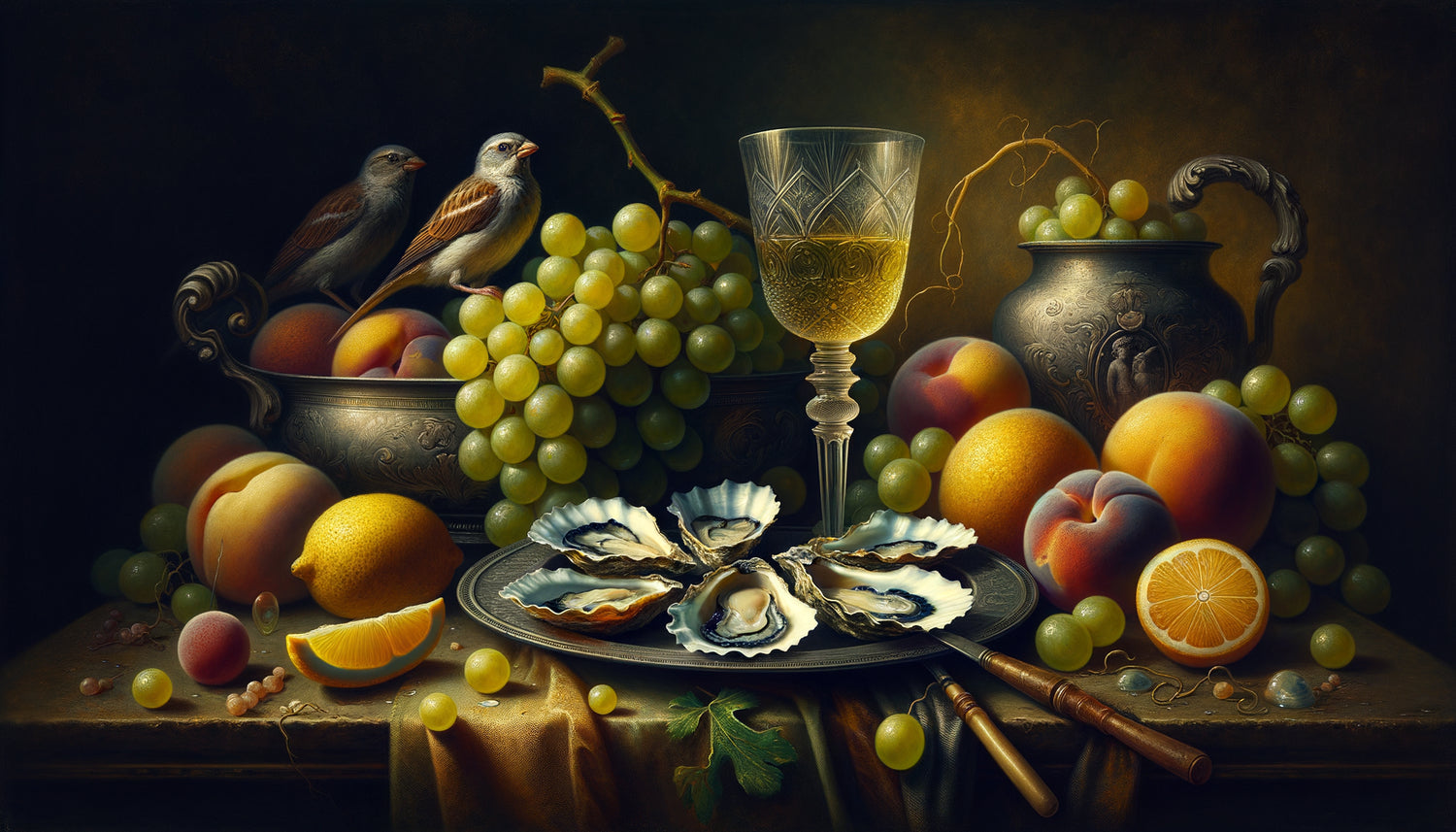 Nature morte hollandaise du 17ème siècle, école flamande, composition opulente avec huîtres, fruits et verrerie