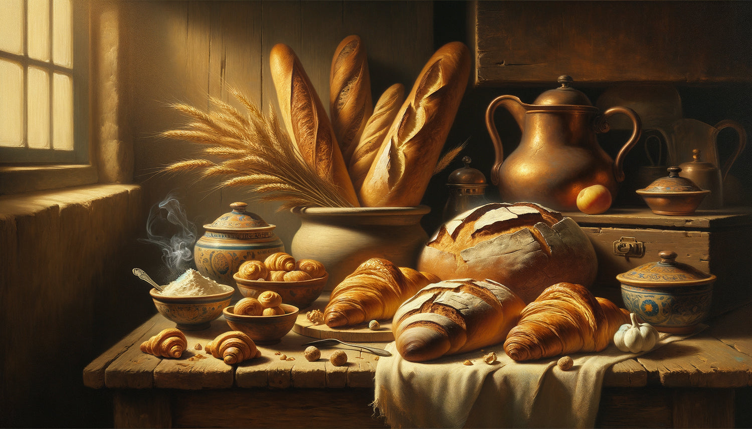 Nature morte classique de style hollandais représentant pains dorés et pâtisseries dans une lumière chaleureuse