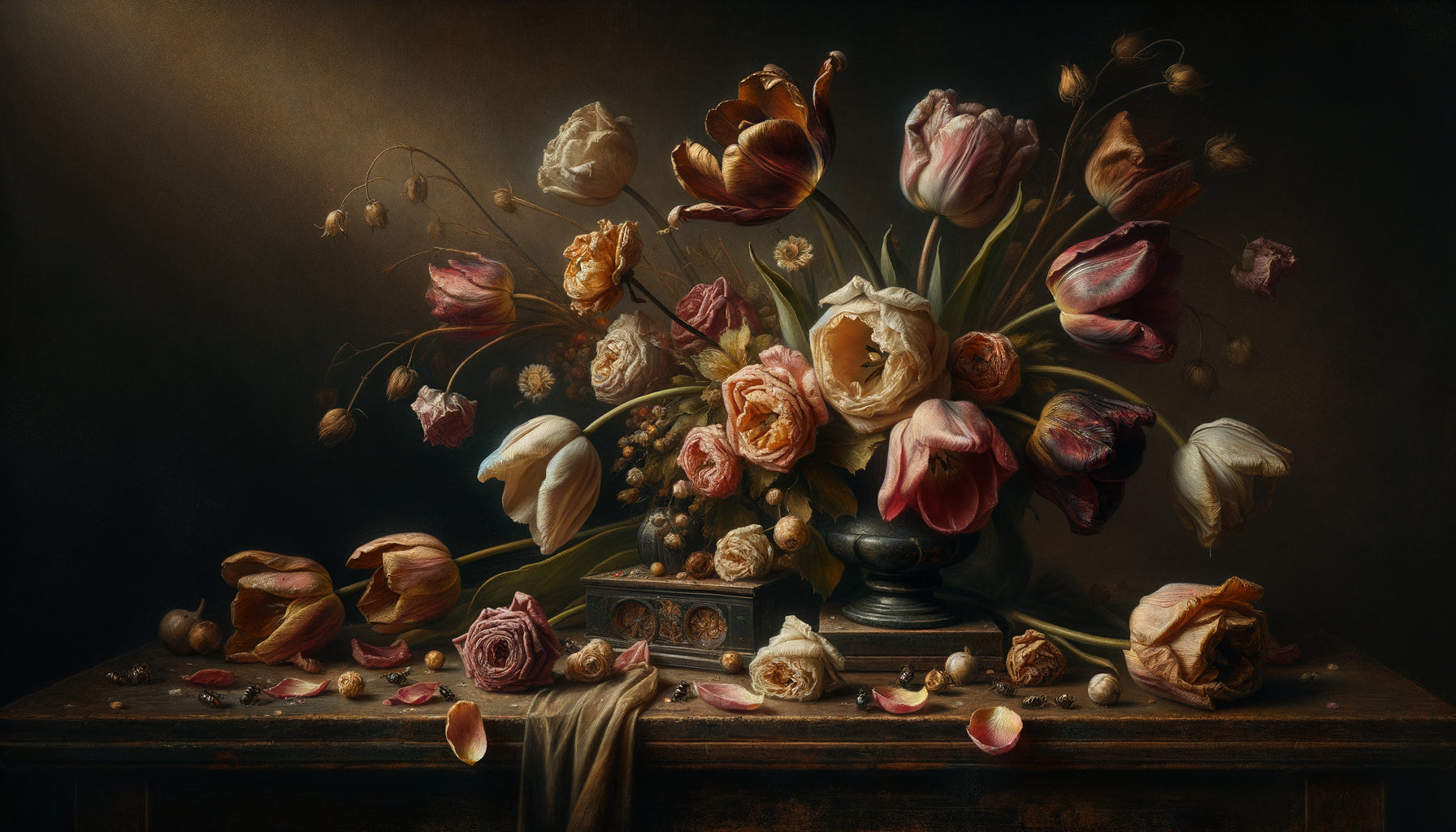 Nature morte vanitas du XVIIe siècle avec tulipes fanées et roses flétrissantes, symbolisme baroque de la mortalité