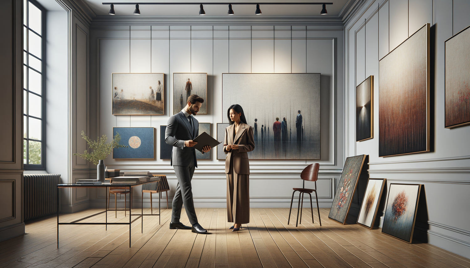 Collectionneur négociant l'achat groupé de plusieurs œuvres contemporaines avec un galeriste dans un espace professionnel moderne