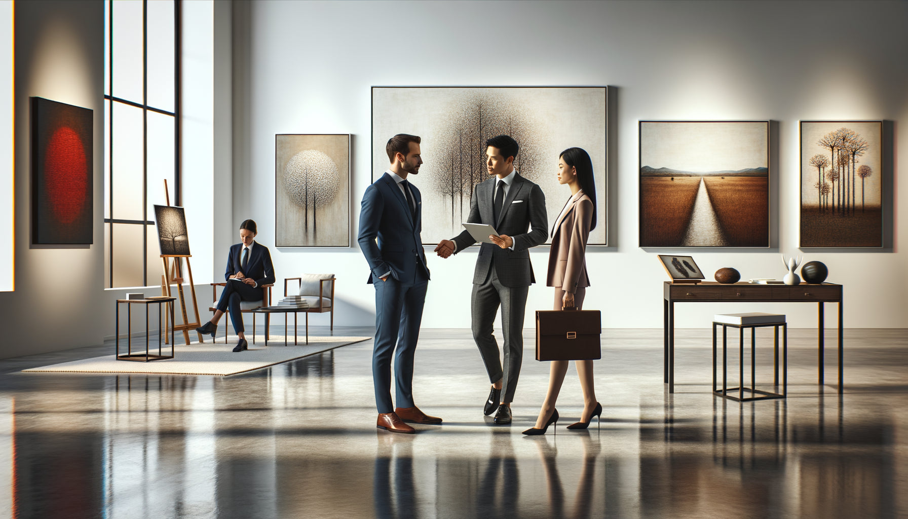 Négociation professionnelle entre galeriste et client dans galerie d'art contemporain avec œuvres multiples