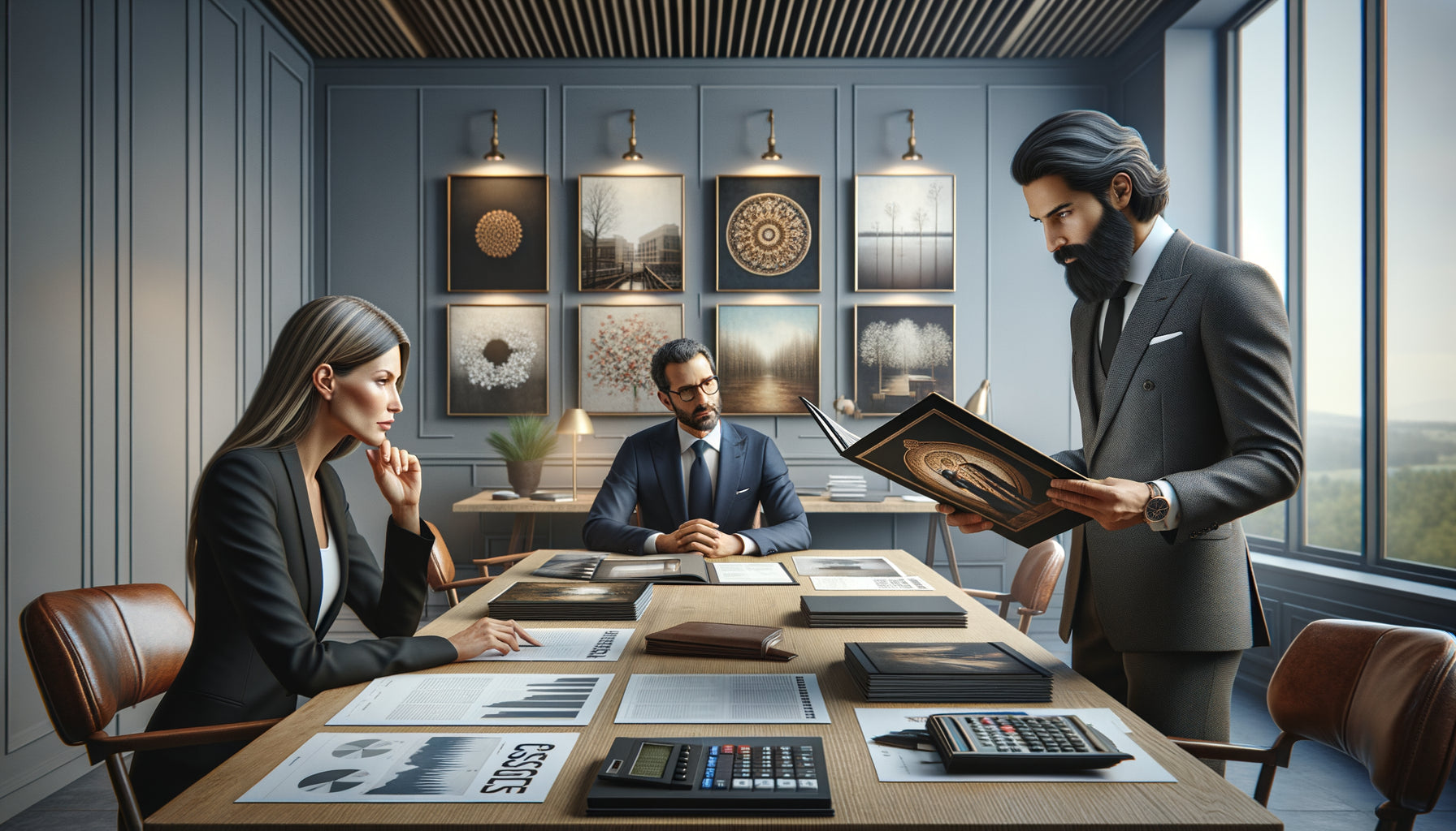 Négociation professionnelle d'achat de tableaux muraux multiples en contexte corporate