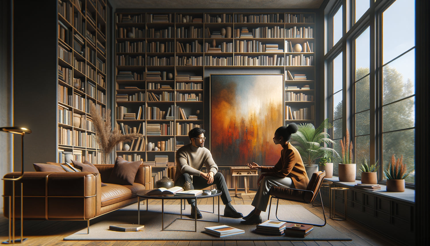 Artiste contemporain et collectionneur en conversation chaleureuse dans bibliothèque-salon, œuvre d'art présentée devant étagères de livres