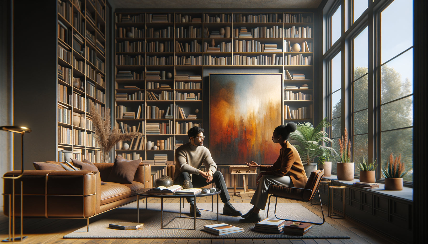 Artiste contemporain et collectionneur en conversation chaleureuse dans bibliothèque-salon, œuvre d'art présentée devant étagères de livres