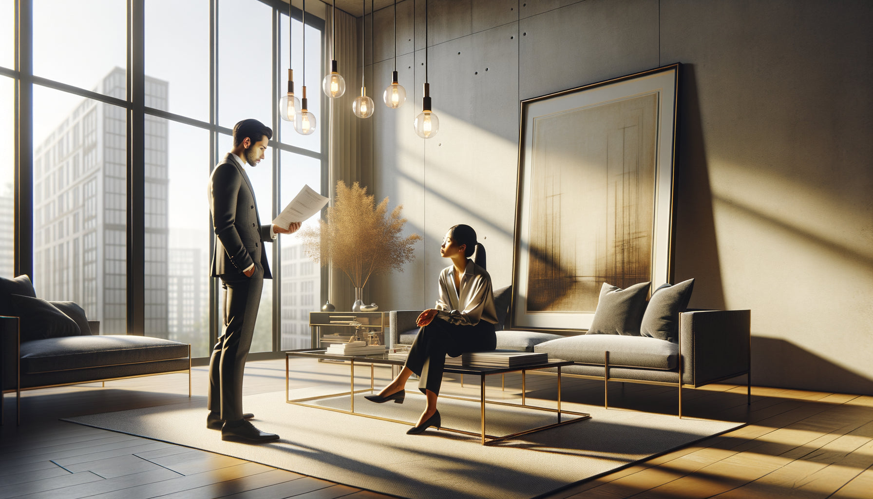 Collectionneur et conseiller artistique en discussion respectueuse devant une œuvre dans un intérieur contemporain élégant