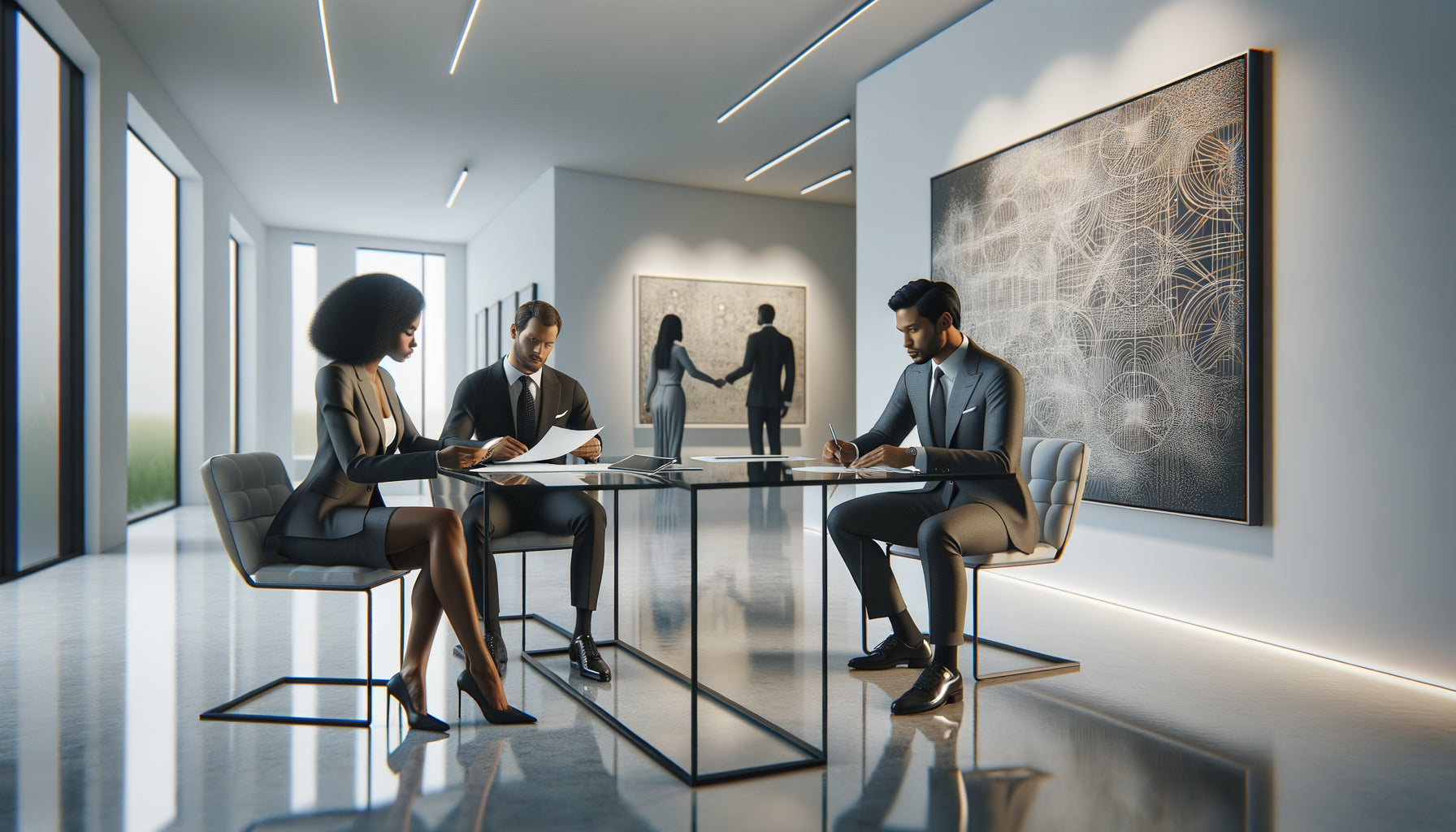 Négociation professionnelle dans une galerie d'art contemporain haut de gamme pour acquisition d'œuvres corporate