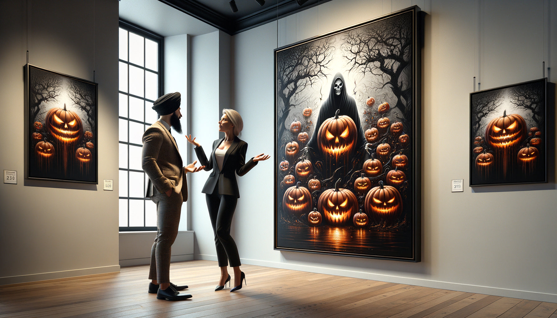 Collectionneur et galeriste négociant devant un tableau Halloween original dans une galerie d'art contemporaine élégante