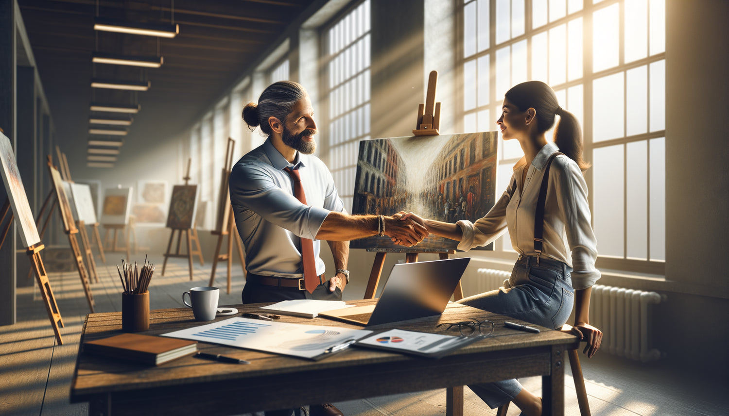 Rencontre collaborative entre représentant éducatif et artiste local dans un studio contemporain pour négocier des tarifs préférentiels