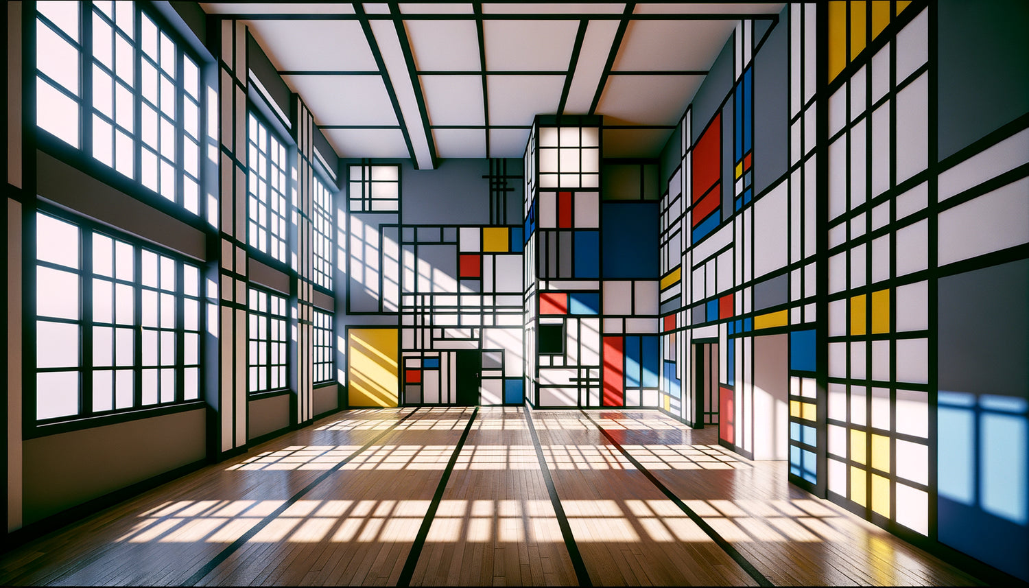 Intérieur néo-plasticiste années 1920, murs transformés en grilles géométriques avec lignes noires et couleurs primaires selon principes De Stijl