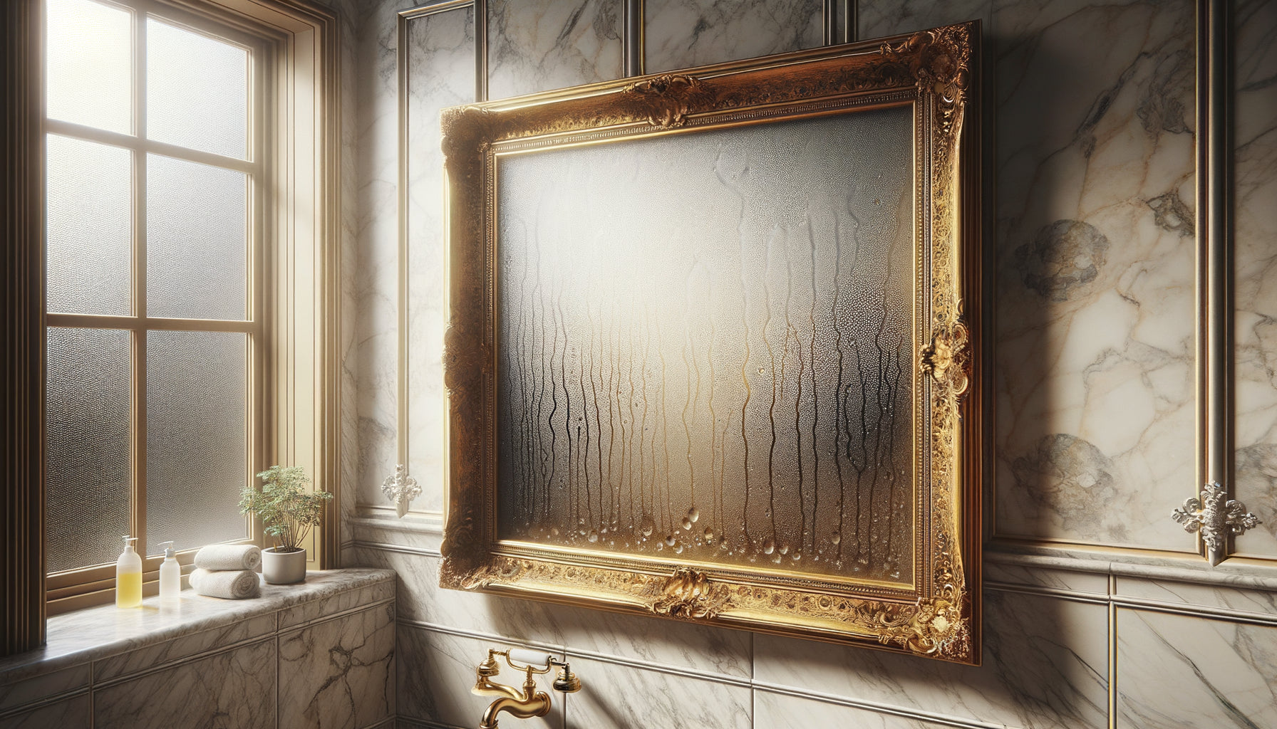 Tableau encadré dans salle de bain avec condensation sur vitre protectrice et traces calcaire visibles