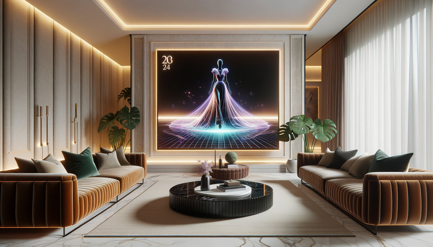 Intérieur contemporain luxueux avec cadre numérique diffusant une œuvre NFT de mode haute couture animée