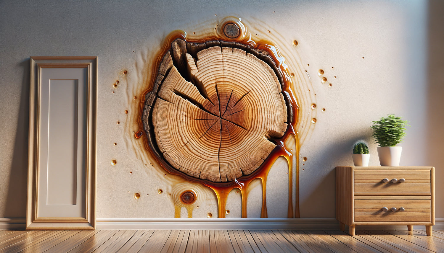 Gros plan d'un nœud de bois suintant de la résine sur un mur près d'un cadre photo