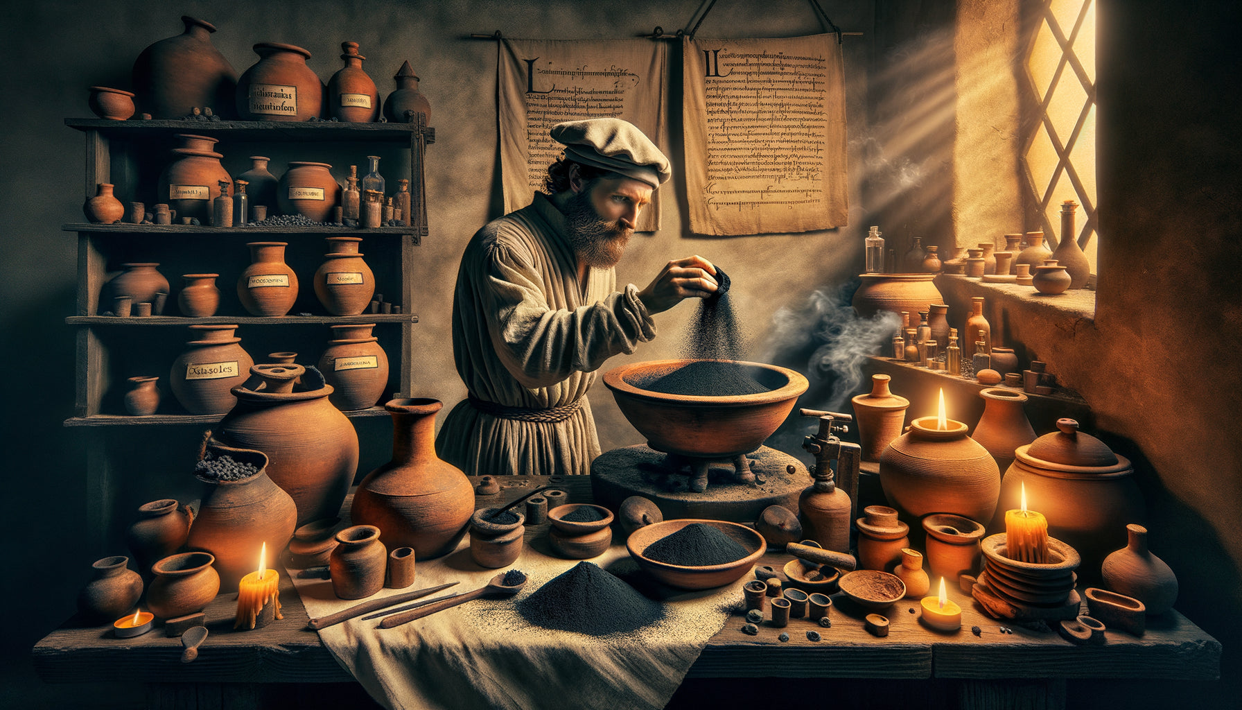 Atelier florentin Renaissance : maître pigmentier collectant le noir de fumée dans un récipient en céramique, technique artisanale du 15e siècle