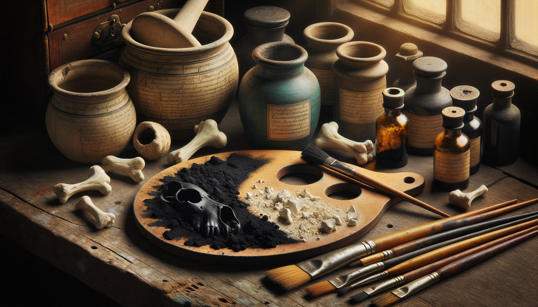 Atelier de peintre ancien montrant la comparaison entre pigment noir d'os et noir de charbon sur palette historique