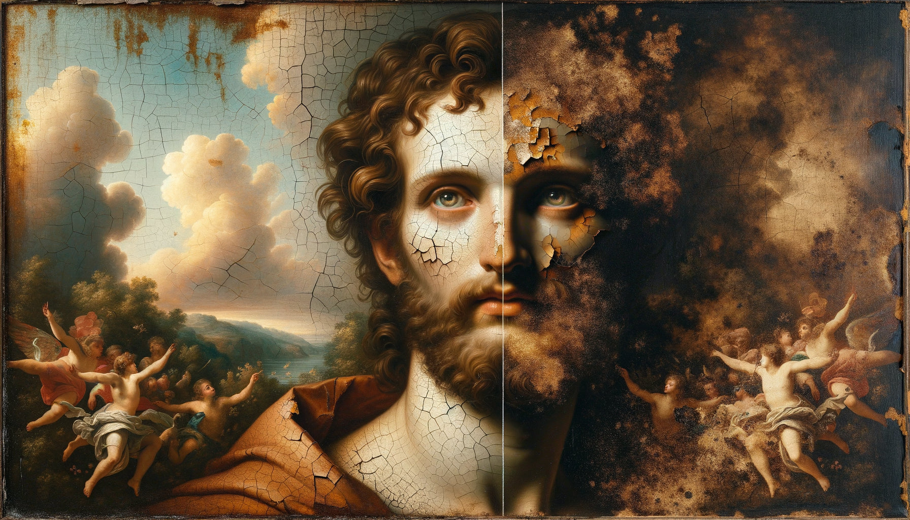 Gros plan d'une peinture ancienne noircie montrant l'oxydation du vernis et la dégradation des pigments au fil du temps