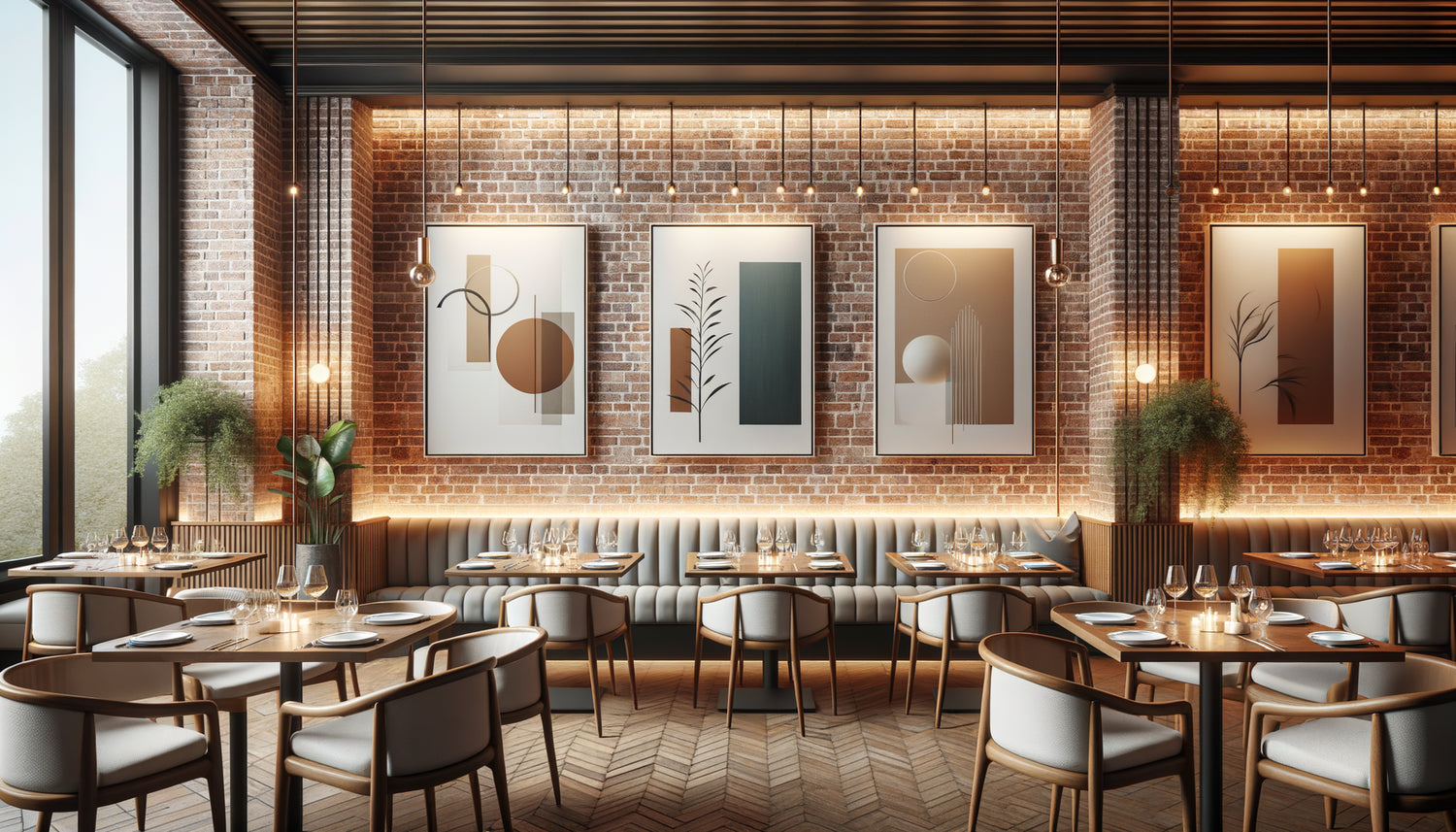Intérieur de restaurant contemporain avec trois tableaux muraux espacés harmonieusement sur mur de briques, ambiance élégante et équilibrée