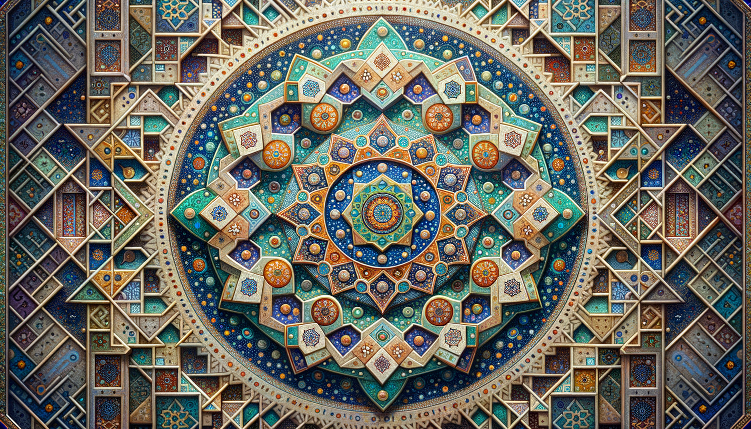 Détail de fresque persane médiévale montrant la technique noqteh-kari avec pointillés subtils créant des dégradés géométriques sacrés