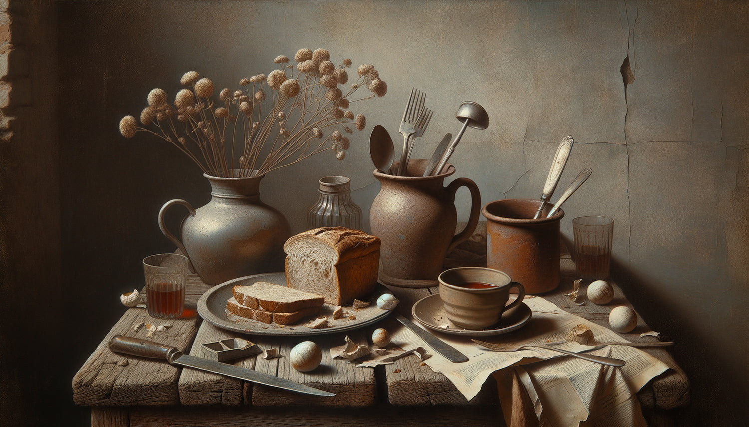 Nature morte dans le style Nouvelle Objectivité allemande années 1920, objets quotidiens peints avec précision froide et palette sobre