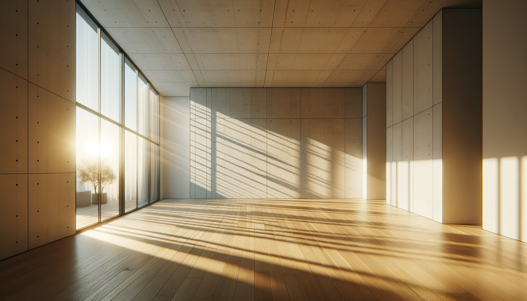 Salon contemporain vide baigné de lumière naturelle changeante, murs nus révélant variations lumineuses et proportions spatiales