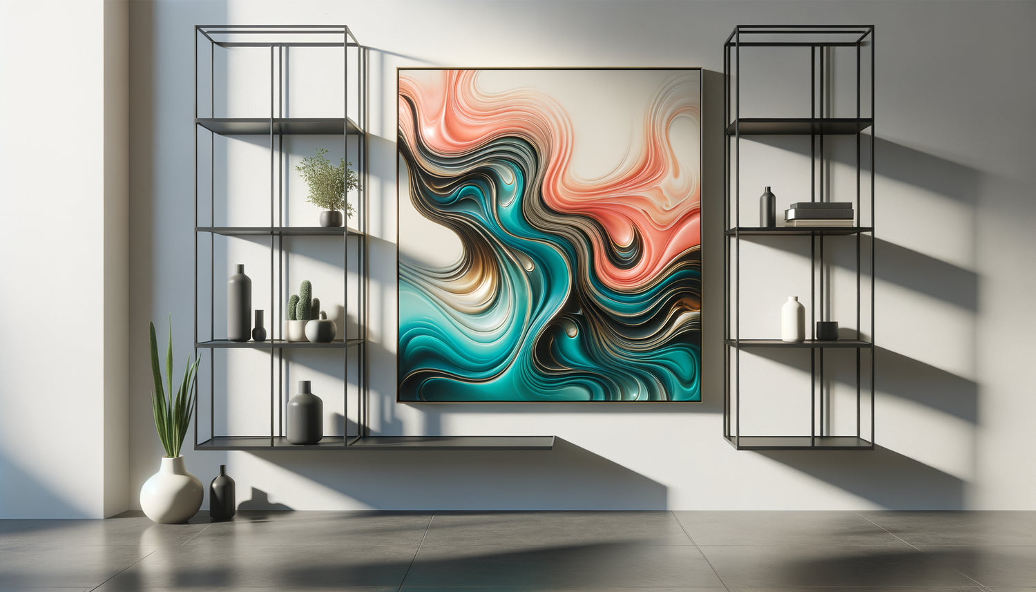 Œuvre abstraite fluide aux courbes organiques contrastant avec des étagères géométriques noires dans un intérieur contemporain minimaliste